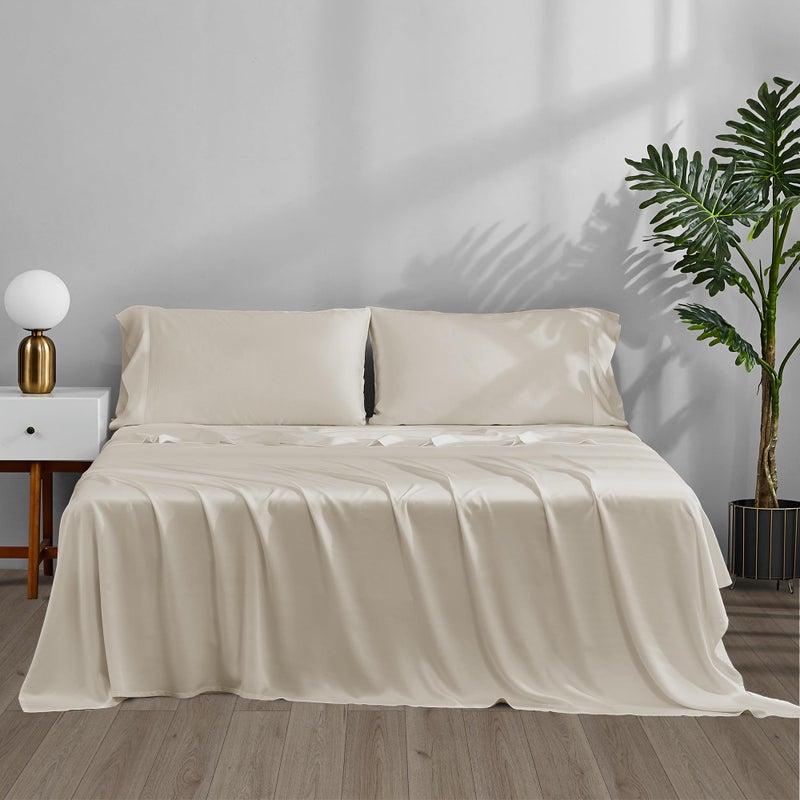 ACCURATEX Cooling Sheets Twin Size - 100% Viscose Made from Bamboo, Luxury Cool Silky Sheet Set for Twin Size Bed, Super Soft Breathable Bedding Sheets up to 16 inches Deep Pockect, Beige - Image 1